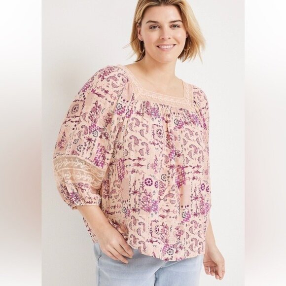 Maurices Boho Peasant Parsley Hippie Romantic Short Balloon Sleeves Top Size XXL - Picture 1 of 12